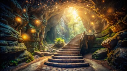 Mysterious Stone Staircase in a Dark Cave - Double Exposure Photography