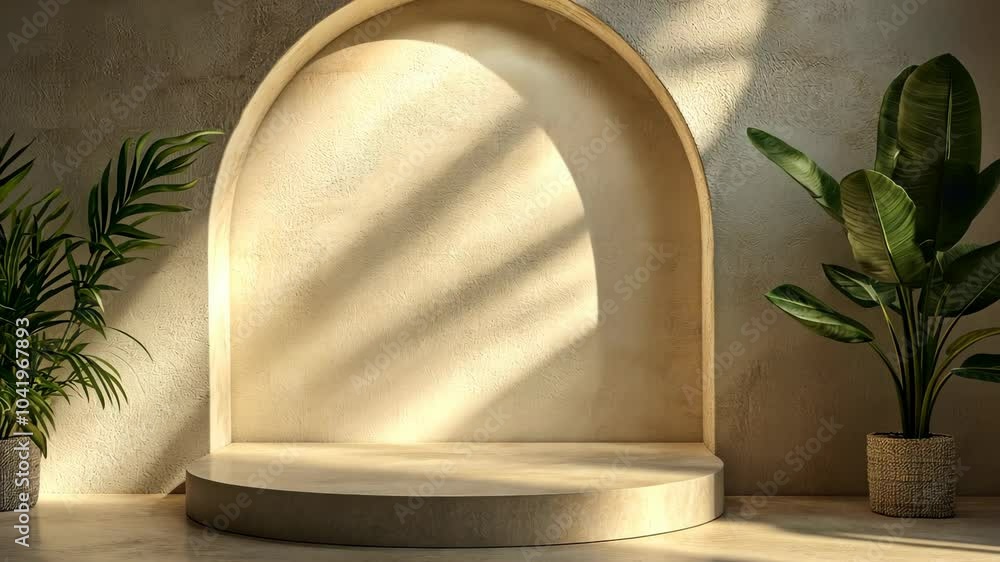 Poster a simple, round platform sits in front of an archway in a minimalist setting