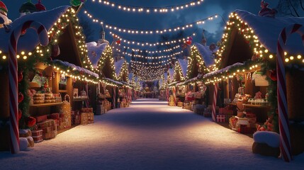 A fun, whimsical Christmas market set in a wintery candyland, with stalls made of gingerbread and festive lights strung between giant candy canes. 
