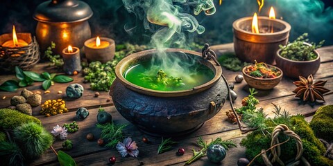 Fototapeta premium Mystical Cauldron Bubbling with Green Liquid in Eerie Atmosphere