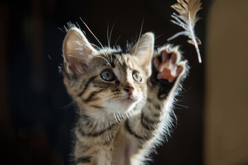 Obraz premium Playful Kitten Reaching for Feather Toy - Perfect for Pet Toy Promotion and Fun Moments