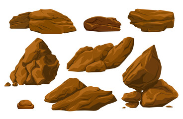 Set of isolated  brown stone boulders on white background. Vector illustration.