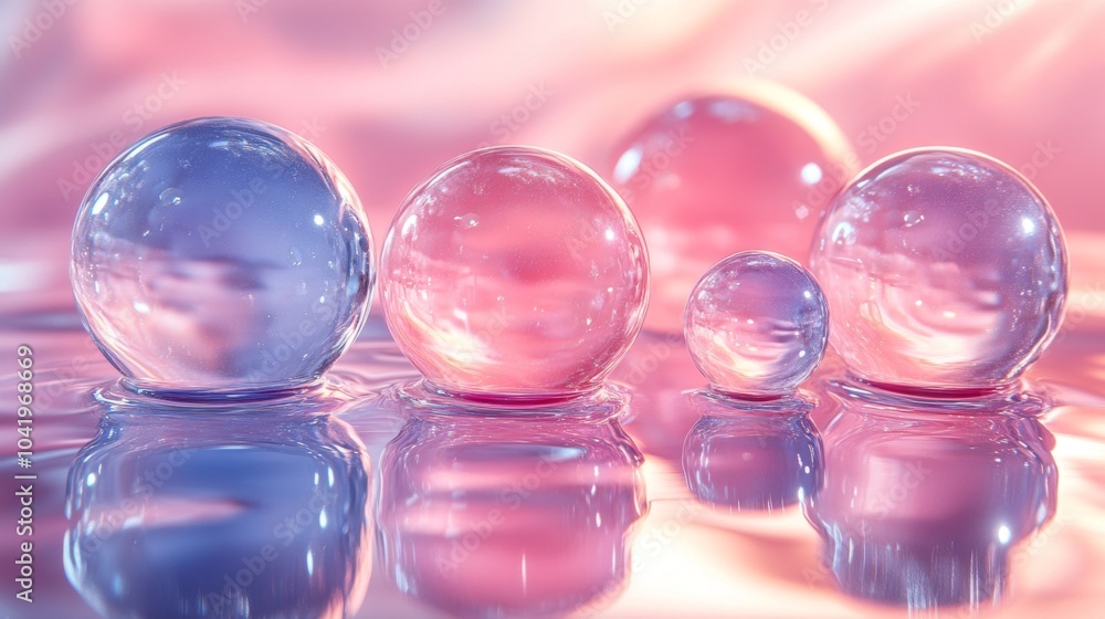 Aufkleber four glass spheres in pink and blue hues rest on a smooth surface, creating ripples as they reflect 