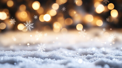Naklejka premium Snowflakes, glowing softly in the cold air, swirl in a gentle blur, with delicate light reflections shimmering in the background, enhancing the peaceful, winter wonderland feel.