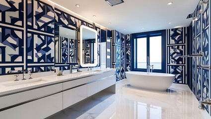 Elegant bathroom with luxury wallpaper and sleek contemporary lighting