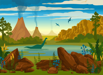 Prehistoric landscape with volcanos, mountains, ancient plants and silhouette of dinosaurs. Vector illustration.