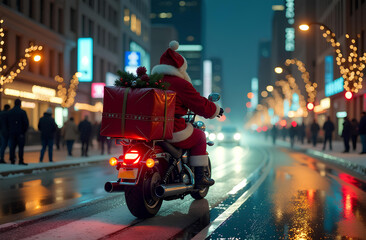 Santa Claus riding motorcycle with large gift box on city street at night. Holiday lights and buildings in background. Christmas delivery and festive celebration concept.