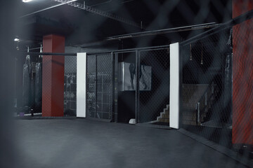 Gym, fitness and cage for mma fight, challenge or membership at empty kickboxing dojo. Health,...