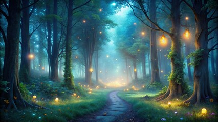 night in a fairytale forest with imaginary magical land