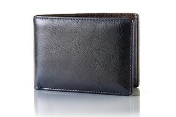 Naklejka premium Reflected black leather wallet on white background