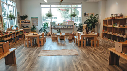 Obraz premium Montessori classroom where young students explore learning stations, engaging in hands-on activities at their own pace
