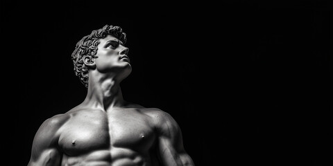 The classic features of a Roman male statue, with a stoic expression and heroic physique, stand firm in the shadows of a semidark background, exuding strength and dignity.