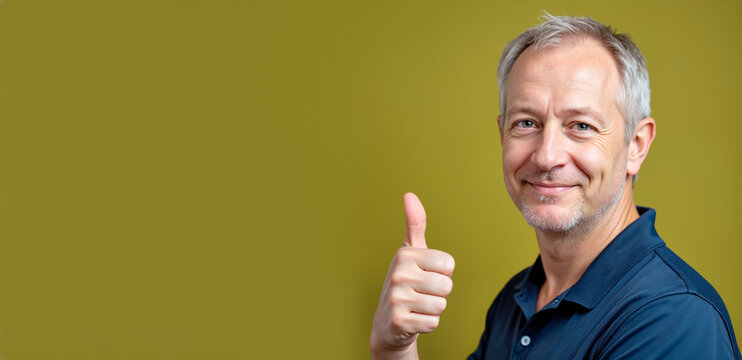 Mature man with cheerful smile giving thumbs up against green background with copy space