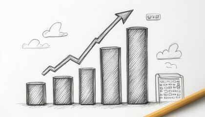 A bar graph showing business success, growth concept, pencil drawing, isolated on white background