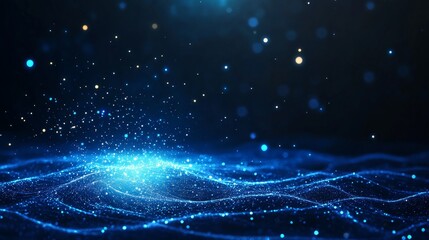 Ethereal blue waves with sparkling particles in dark space