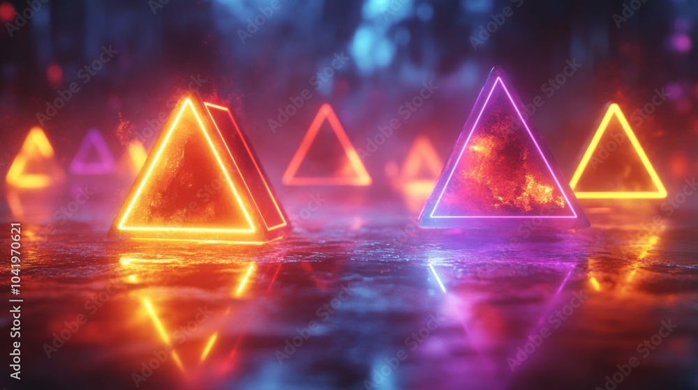 Poster glowing neon triangles of various colors stand out against a mist-covered ground. the vibrant hues c