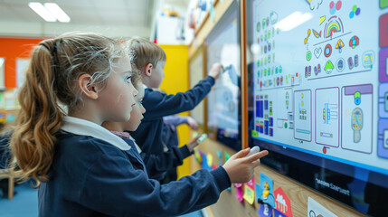 Primary school children using interactive whiteboards to solve math problems, engaging with educational technology