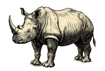 Obraz premium Vintage rhinoceros illustration isolated on transparent background, classic wildlife artwork ideal for nature decor and educational themes, PNG