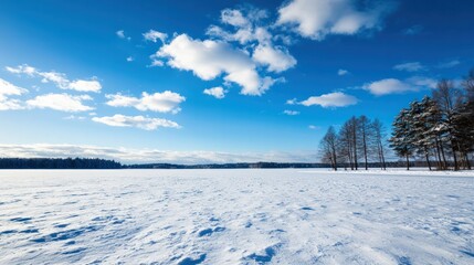 Expansive Winter Landscape with Bright Blue Sky and Gentle Clouds Over Snow-Covered Ground