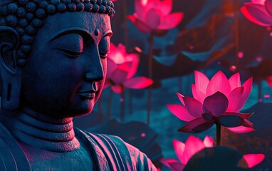 Buddha statue surrounded by vibrant lotus flowers. The image features a captivating blend of colors, a magical glow effect, and cinematic lighting that creates a dark and mysterious atmosphere.