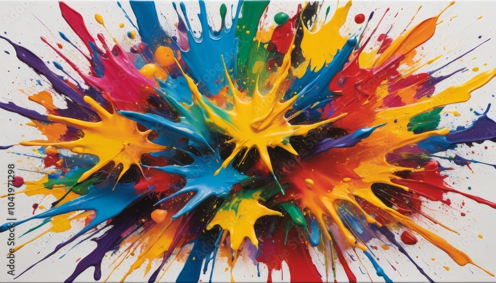 Poster bright hues collide in a dynamic display of energy, as vivid splashes of paint radiate joy and creat