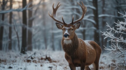 Fototapeta premium serene beauty in the natural world. The majestic red deer, adorned with snow-covered antlers, stands as a symbol of resilience and the enduring power of nature.