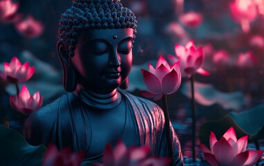 Buddha statue surrounded by vibrant lotus flowers. The image features a captivating blend of colors, a magical glow effect, and cinematic lighting that creates a dark and mysterious atmosphere.