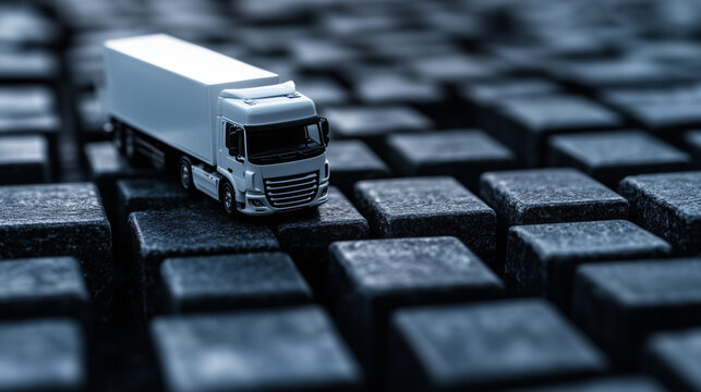 A macro shot of a pristine white toy truck placed carefully on grey blocks, symbolizing the intricacies of logistics and transport, with a focused depth of field, capturing each de