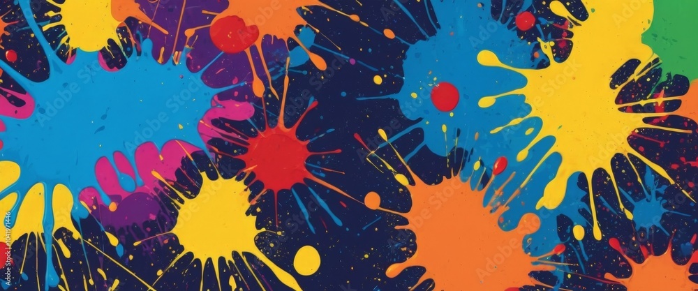 Poster bright splashes of paint in varied colors burst forth on a dark backdrop, capturing the essence of a