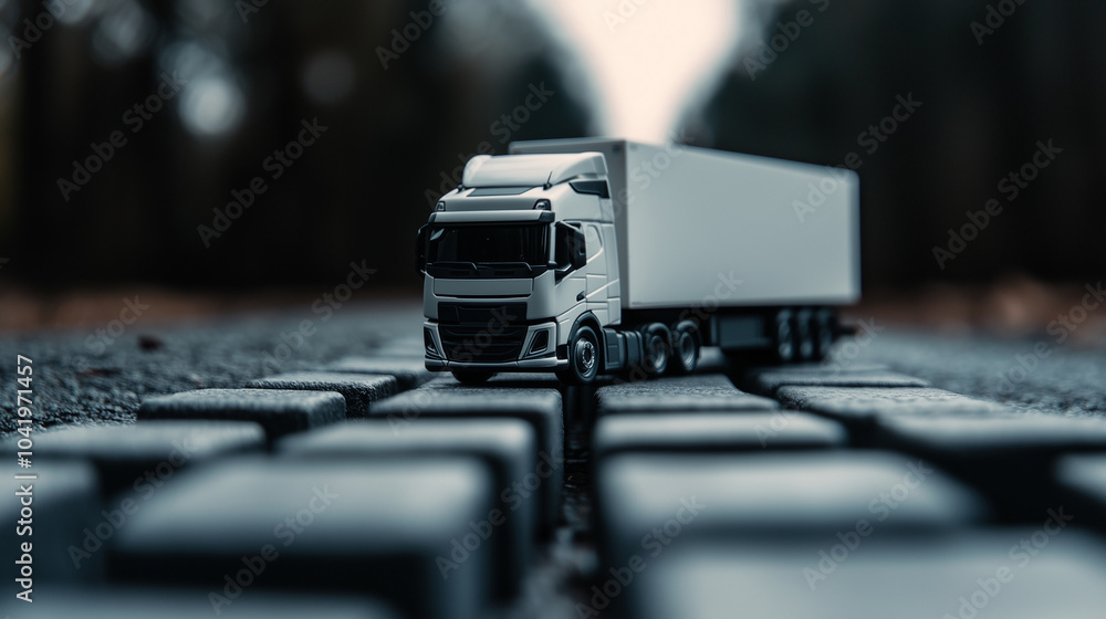 Poster the macro view of a white toy truck resting on stacked grey blocks symbolizes the building blocks of