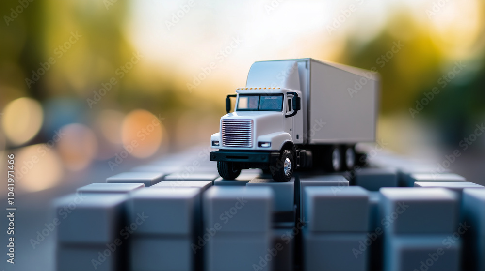 Poster the macro view of a white toy truck resting on stacked grey blocks symbolizes the building blocks of