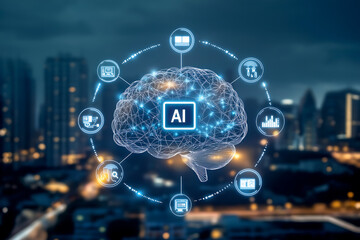 Fototapeta premium AI, Machine learning, illustration features a digital brain with network connections. This image is suitable for AI, technology, networking and digital transformation concepts.