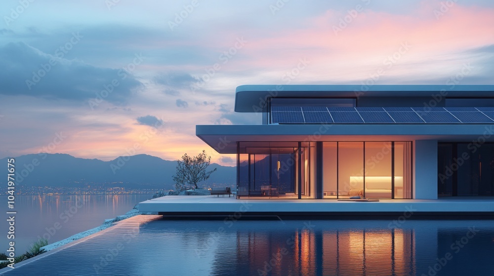 Poster a large white house with a pool and a view of the mountains