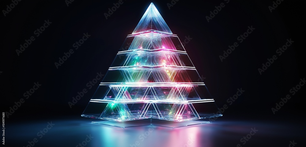 Poster a futuristic christmas tree constructed from transparent acrylic panels stacked in a triangular shap