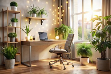 Fototapeta premium Neutral-Toned Minimalist Home Office with Natural Elements for Productivity and Calmness