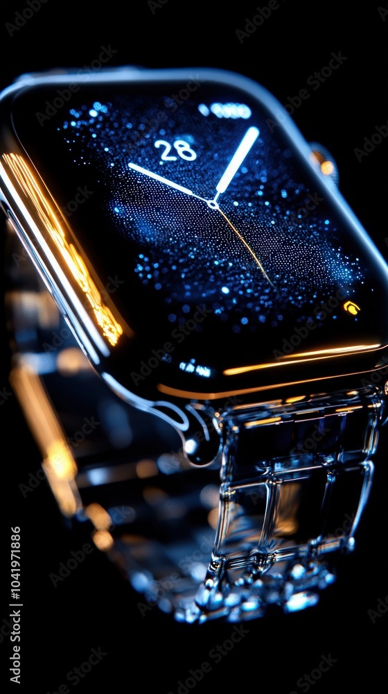 Poster stunning close-up of a modern smartwatch displaying time in a high-tech aesthetic setting