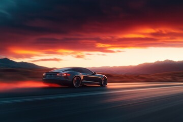 Sleek Modern Car in Motion on Open Road at Sunset