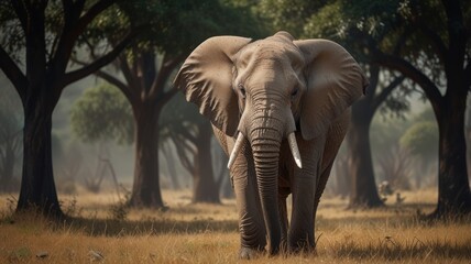 Fototapeta premium A African elephant stands in a dusty, open savanna. Its large, wrinkled skin is a rich brown color. The elephant's ears are spread wide, showcasing their impressive size and intricate folds.
