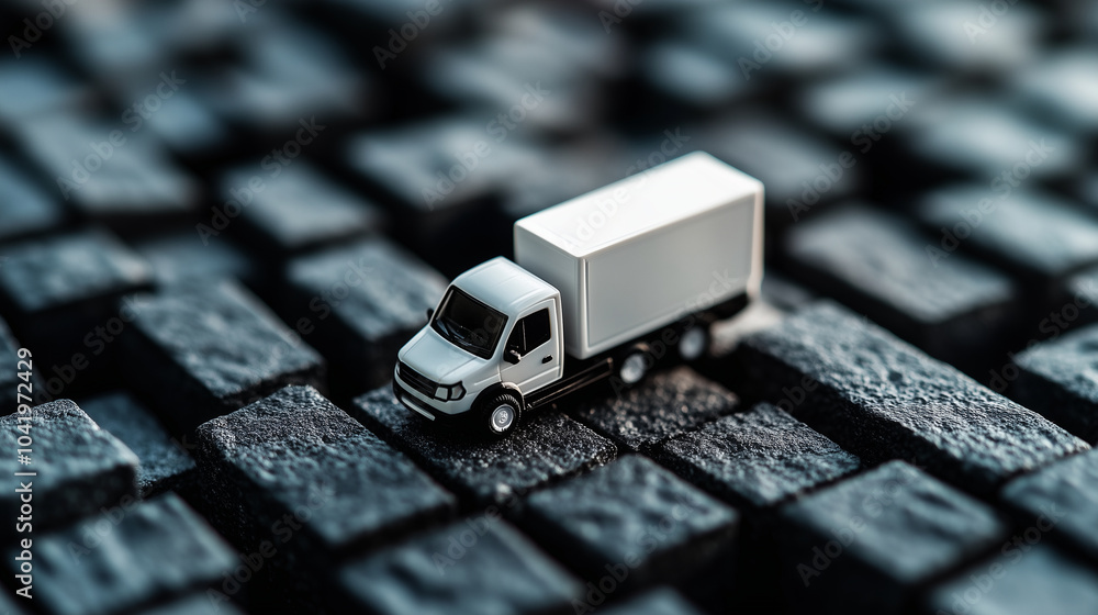Poster a tiny white toy truck on grey blocks in a macro view, with its intricate details highlighted by the