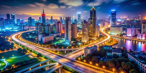 Obraz premium Night Lights of Fuzhou: Tilt-Shift Photography of Highways and Skyscrapers Illuminated in the Cityscape