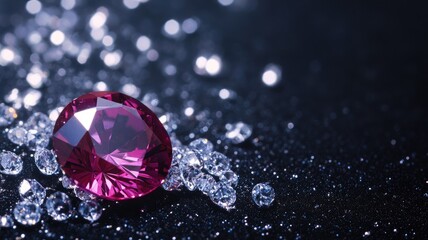Sparkling burgundy gemstone surrounded by smaller clear diamonds on a dark glittery surface.