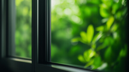 A close-up of an aluminum window frame, sleek and modern, with the blurred green foliage outside adding a serene touch, emphasizing energy efficiency and safety.