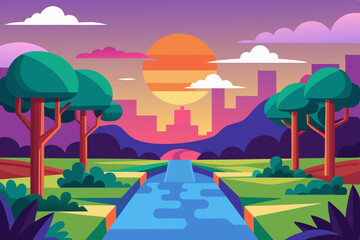 A digital painting of a park with a sunset and a river