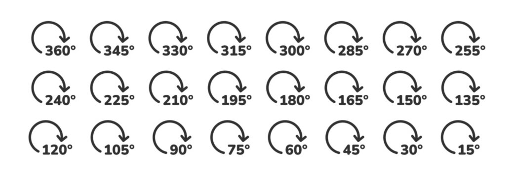 Angle rotate icon. Set of degree. Circle arrow. 360, 180 and other angle.