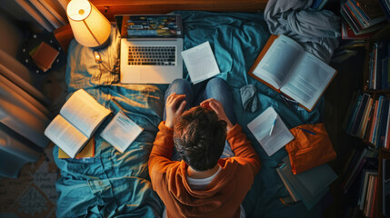 Student engaging in distance learning, attending virtual classes via a laptop in a cozy home environment, surrounded by books and study materials