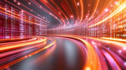 Abstract Red and Orange Light Trails, Digital Tunnel, Data Flow, Modern Technology, Futuristic Concept, Dynamic, Speed, Movement, Network, Cyber, 