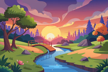 A digital painting of a park with a sunset and a river