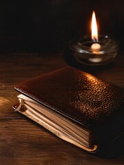 Leather bound book illuminated by candlelight on desk