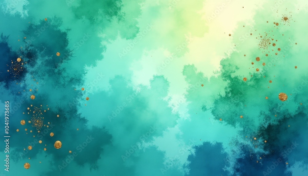 Poster soft hues of teal blend seamlessly with golden accents, creating a mesmerizing abstract composition 