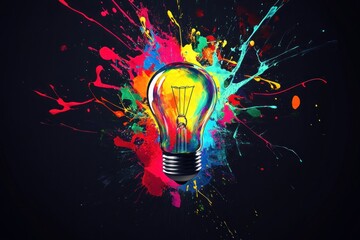 Colorful Abstract Light Bulb with Paint Splash Background